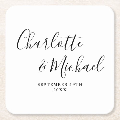 Elegant Signature Script Black And White Wedding Square Paper Coaster