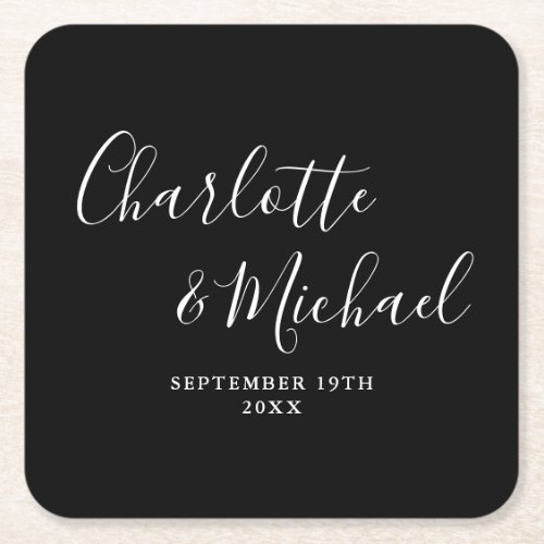 Elegant Signature Script Black And White Wedding Square Paper Coaster