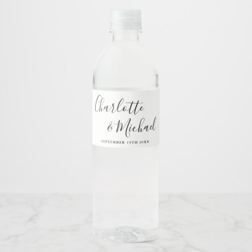 Elegant Signature Script Black And White Wedding Water Bottle Label
