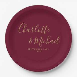 Elegant Signature Script Burgundy and Gold Wedding Paper Plates