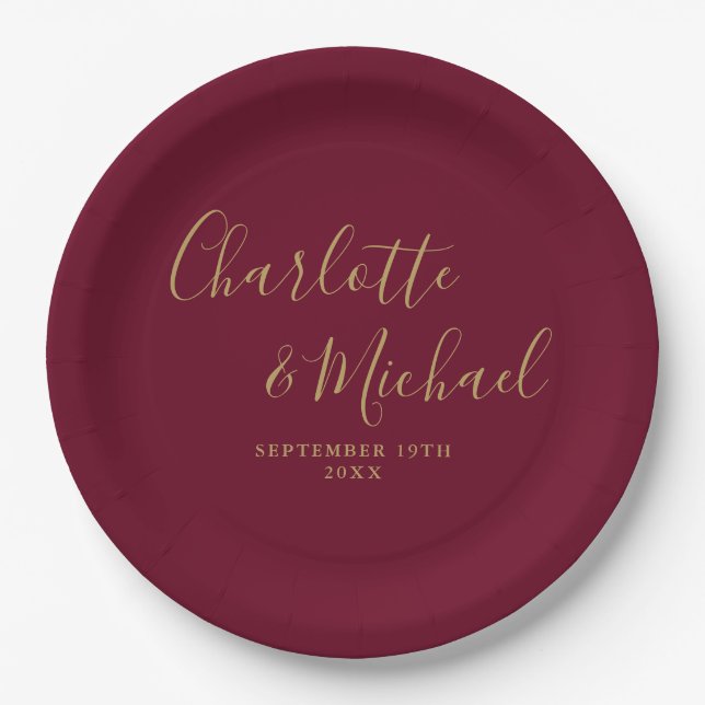 Elegant Signature Script Burgundy and Gold Wedding Paper Plates (Front)