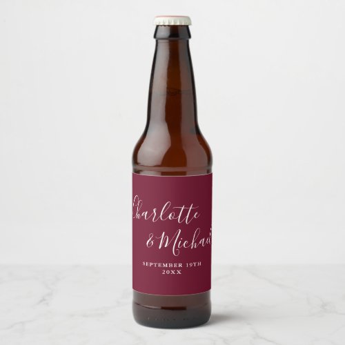 Elegant Signature Script Burgundy Wedding Beer Bottle Label