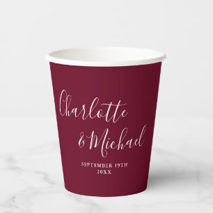 Elegant Signature Script Burgundy Wedding Paper Cups
