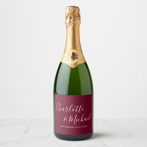 Elegant Signature Script Burgundy Wedding Sparkling Wine Label