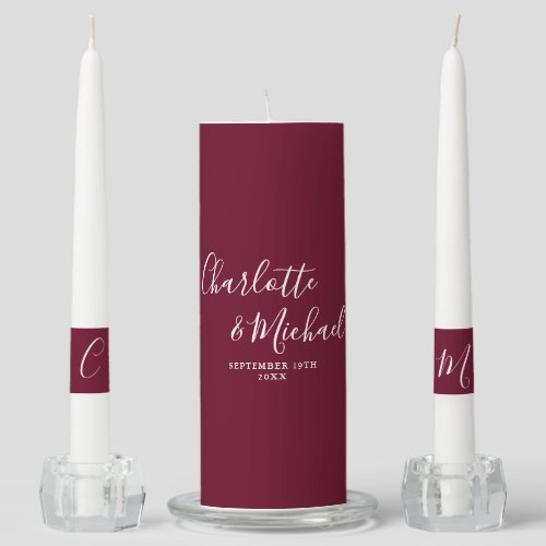 Elegant Signature Script Burgundy Wedding Unity Candle Set