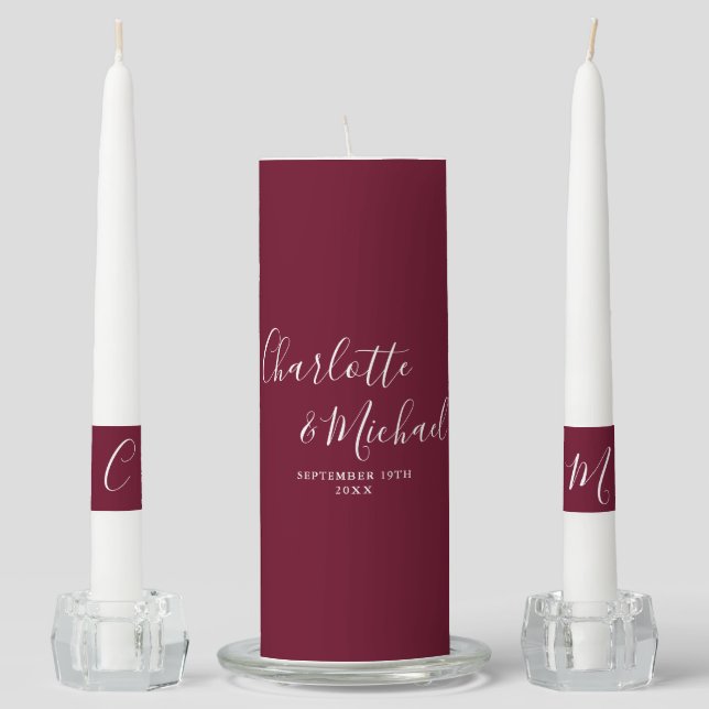 Elegant Signature Script Burgundy Wedding Unity Candle Set (Front)