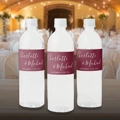 Elegant Signature Script Burgundy Wedding Water Bottle Label