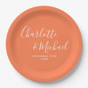 Elegant Signature Script Coral Wedding Paper Plates