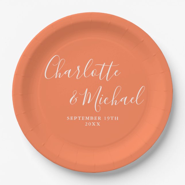Elegant Signature Script Coral Wedding Paper Plates (Front)
