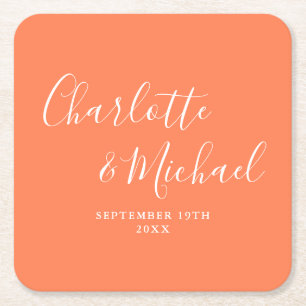 Elegant Signature Script Coral Wedding Square Paper Coaster
