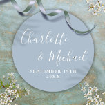 Elegant Signature Script Dusty Blue Classic Round Sticker<br><div class="desc">Featuring signature style names and special date,  this elegant sticker can be personalized with your names in chic white typography on a dusty blue background. You can customize the background to your favourite wedding theme color. Designed by Thisisnotme©</div>