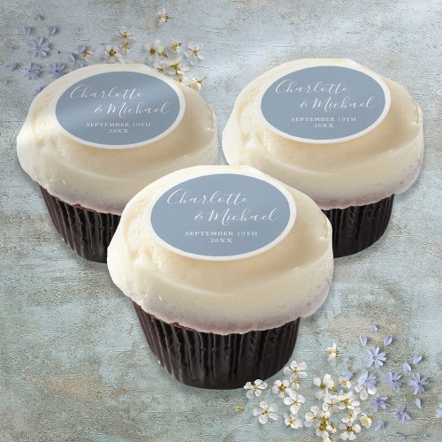 Elegant Signature Script Dusty Blue Wedding Favor Edible Frosting Rounds