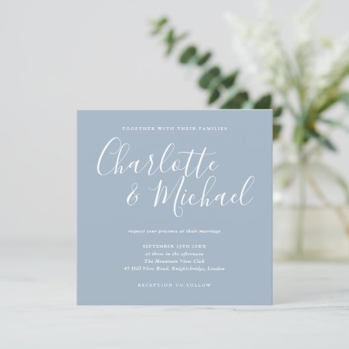 Elegant Signature Script Dusty Blue Wedding Invitation | Zazzle