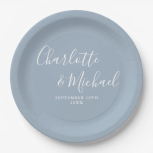 Elegant Signature Script Dusty Blue Wedding Paper Plates