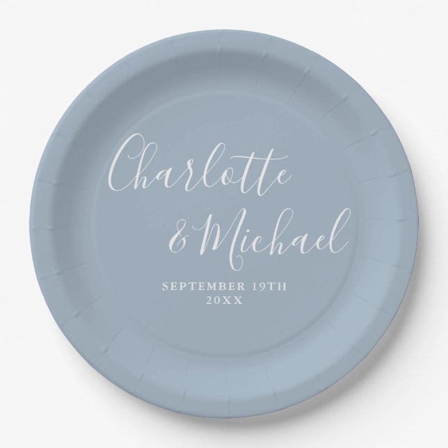 Elegant Signature Script Dusty Blue Wedding Paper Plates (Front)