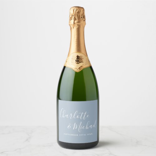 Elegant Signature Script Dusty Blue Wedding Sparkling Wine Label