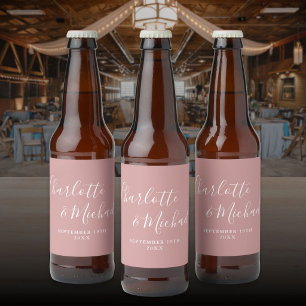 Elegant Signature Script Dusty Rose Wedding Beer Bottle Label