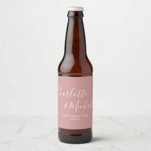 Elegant Signature Script Dusty Rose Wedding Beer Bottle Label