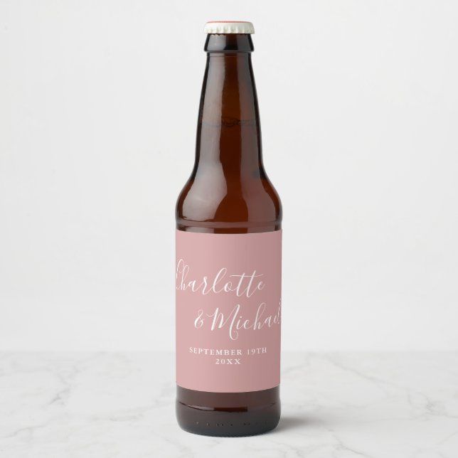 Elegant Signature Script Dusty Rose Wedding Beer Bottle Label (Front)