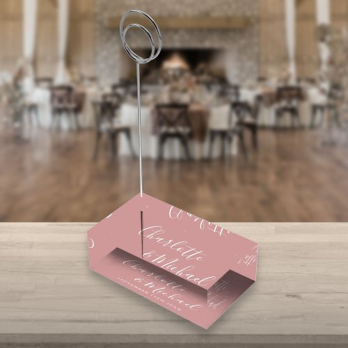 Elegant Signature Script Dusty Rose Wedding Place Card Holder