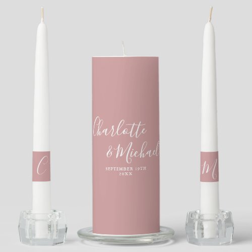 Elegant Signature Script Dusty Rose Wedding Unity Candle Set