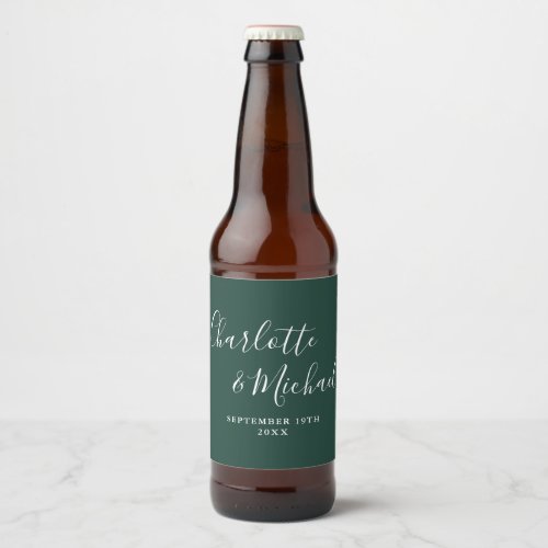 Elegant Signature Script Emerald Green Wedding Beer Bottle Label