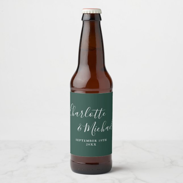 Elegant Signature Script Emerald Green Wedding Beer Bottle Label (Front)