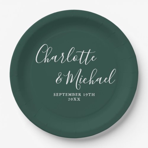 Elegant Signature Script Emerald Green Wedding Paper Plates