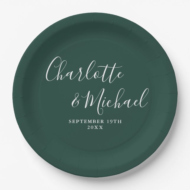 Elegant Signature Script Emerald Green Wedding Paper Plates (Front)