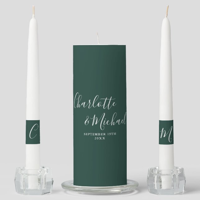 Elegant Signature Script Emerald Green Wedding Unity Candle Set (Front)