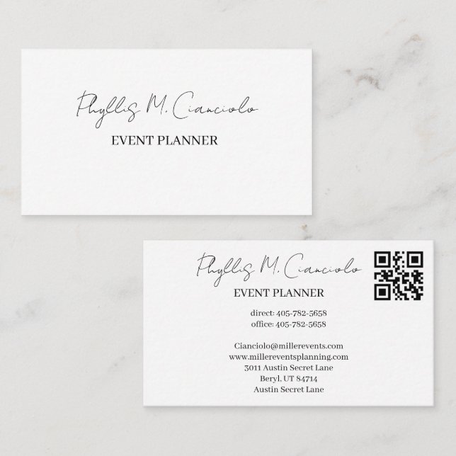 Elegant Signature Script Event Planner QR Code Bus Business Card (Front/Back)
