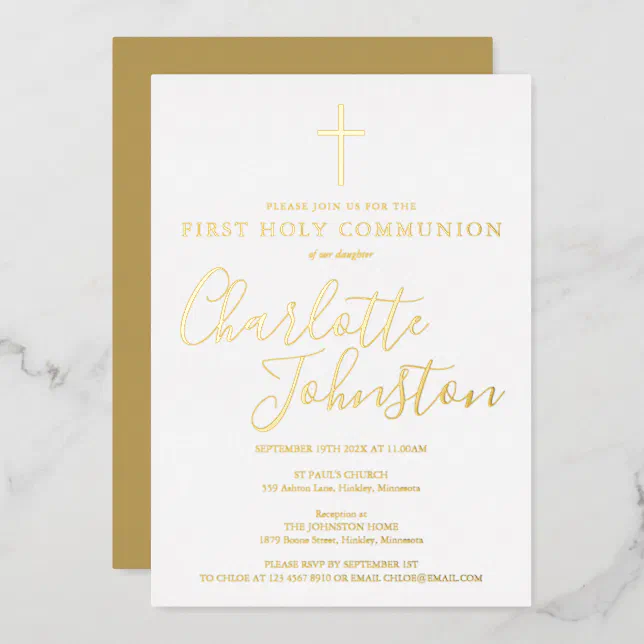 Elegant Signature Script First Holy Communion Foil Invitation 