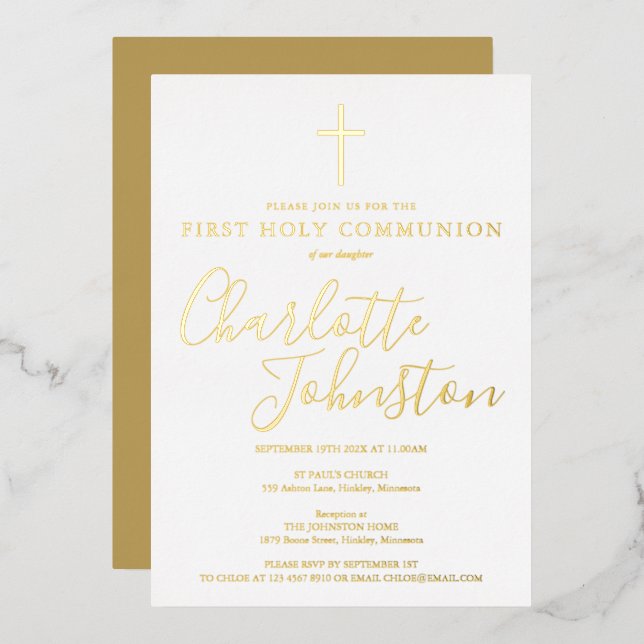 Elegant Signature Script First Holy Communion Foil Invitation (Front/Back)