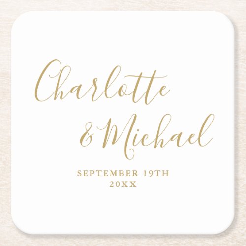 Elegant Signature Script Gold Wedding Square Paper Coaster