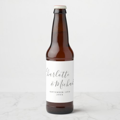 Elegant Signature Script Gray And White Wedding Beer Bottle Label