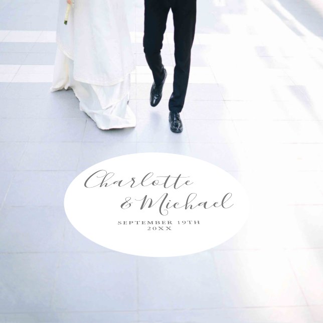 Elegant Signature Script Gray And White Wedding Floor Decals (Wedding)