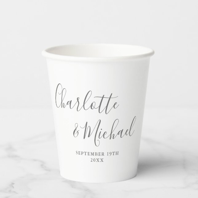 Elegant Signature Script Gray And White Wedding Paper Cups (Front)