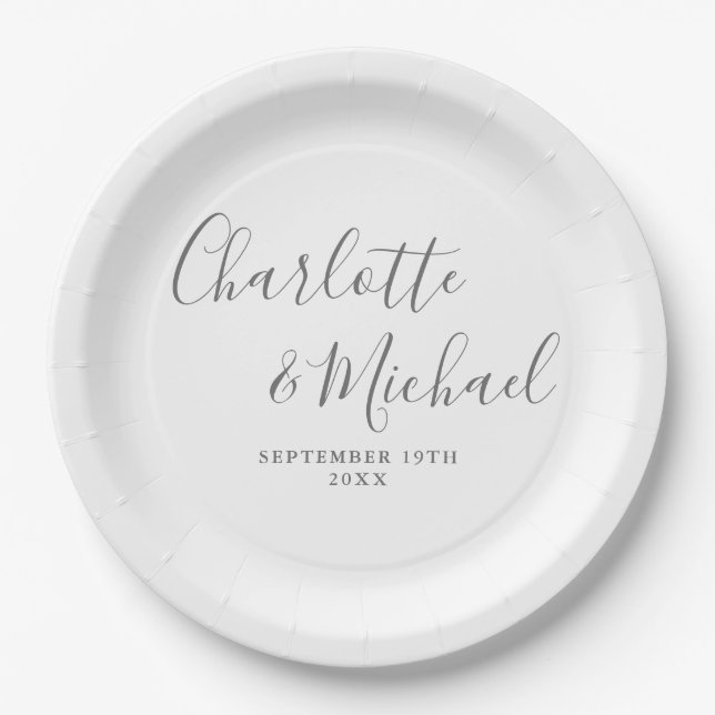 Elegant Signature Script Gray And White Wedding Paper Plates (Front)