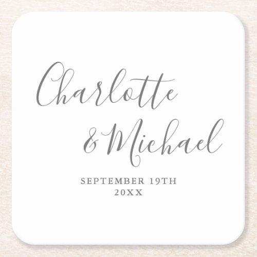 Elegant Signature Script Gray And White Wedding Square Paper Coaster