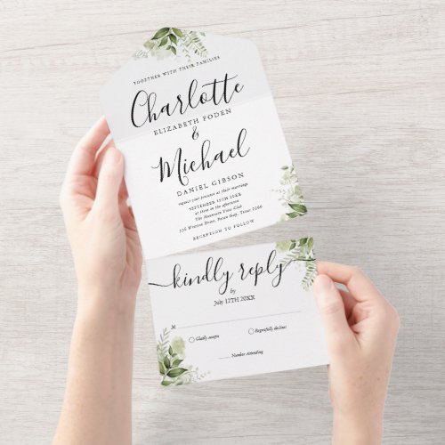 Elegant Signature Script Greenery Leaves Wedding All In One Invitation - All in one black and white wedding invitation featuring greenery leaves, elegant signature script names and monogram initials. The invitation includes a perforated RSVP card that’s can be individually addressed or left blank for you to handwrite your guest's address details. Designed by Thisisnotme©