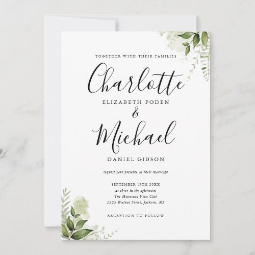 Elegant Signature Script Greenery Leaves Wedding Invitation - Featuring greenery leaves and signature style names, this elegant wedding invitation can be personalized with your information in chic lettering. Designed by Thisisnotme©