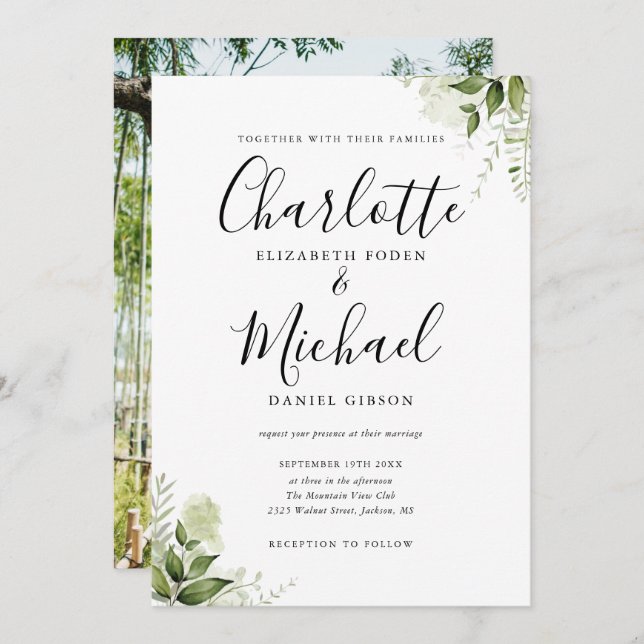 Elegant Signature Script Greenery Photo Wedding Invitation (Front/Back)