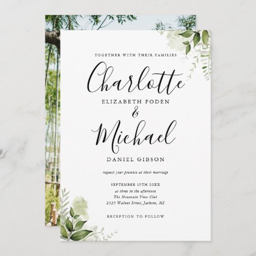 Elegant Signature Script Greenery Photo Wedding Invitation - Featuring greenery leaves and signature style names, this elegant wedding invitation can be personalized with your information in chic lettering and your special photo on the reverse. Designed by Thisisnotme©