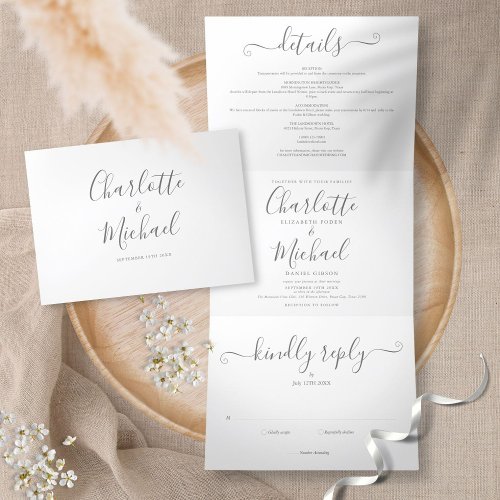 Elegant Signature Script Minimalist Photo Wedding Tri_Fold Invitation