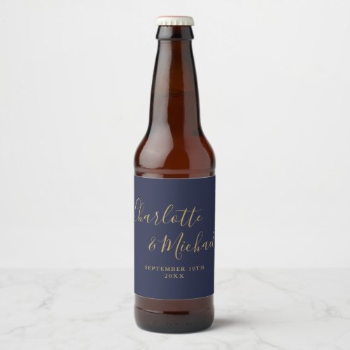 Elegant Signature Script Navy Blue Gold Wedding Beer Bottle Label