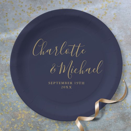 Elegant Signature Script Navy Blue Gold Wedding Paper Plates