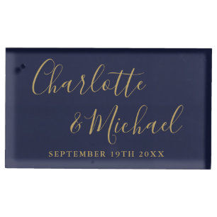 Elegant Signature Script Navy Blue Gold Wedding Place Card Holder