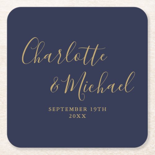 Elegant Signature Script Navy Blue Gold Wedding Square Paper Coaster