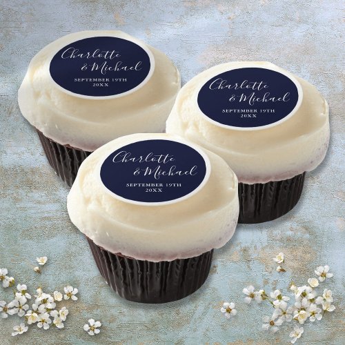 Elegant Signature Script Navy Blue Wedding Favor Edible Frosting Rounds