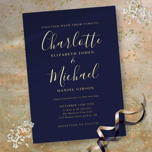 Elegant Signature Script Navy Blue Wedding Gold Foil Invitation